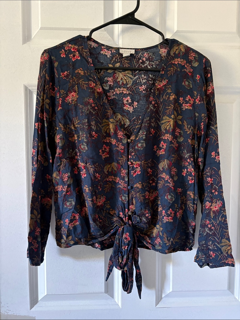 hinge Navy Floral Tie-Front Blouse with Pink and Olive Accents